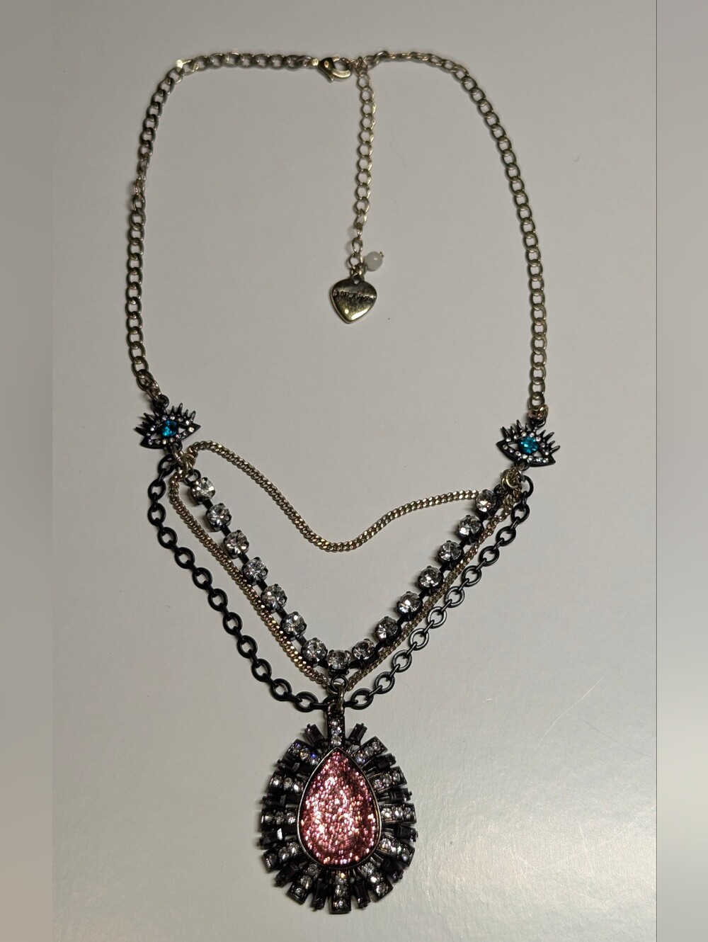 Betsey Johnson Pink Teardrop Pendant Multi-Chain Necklace